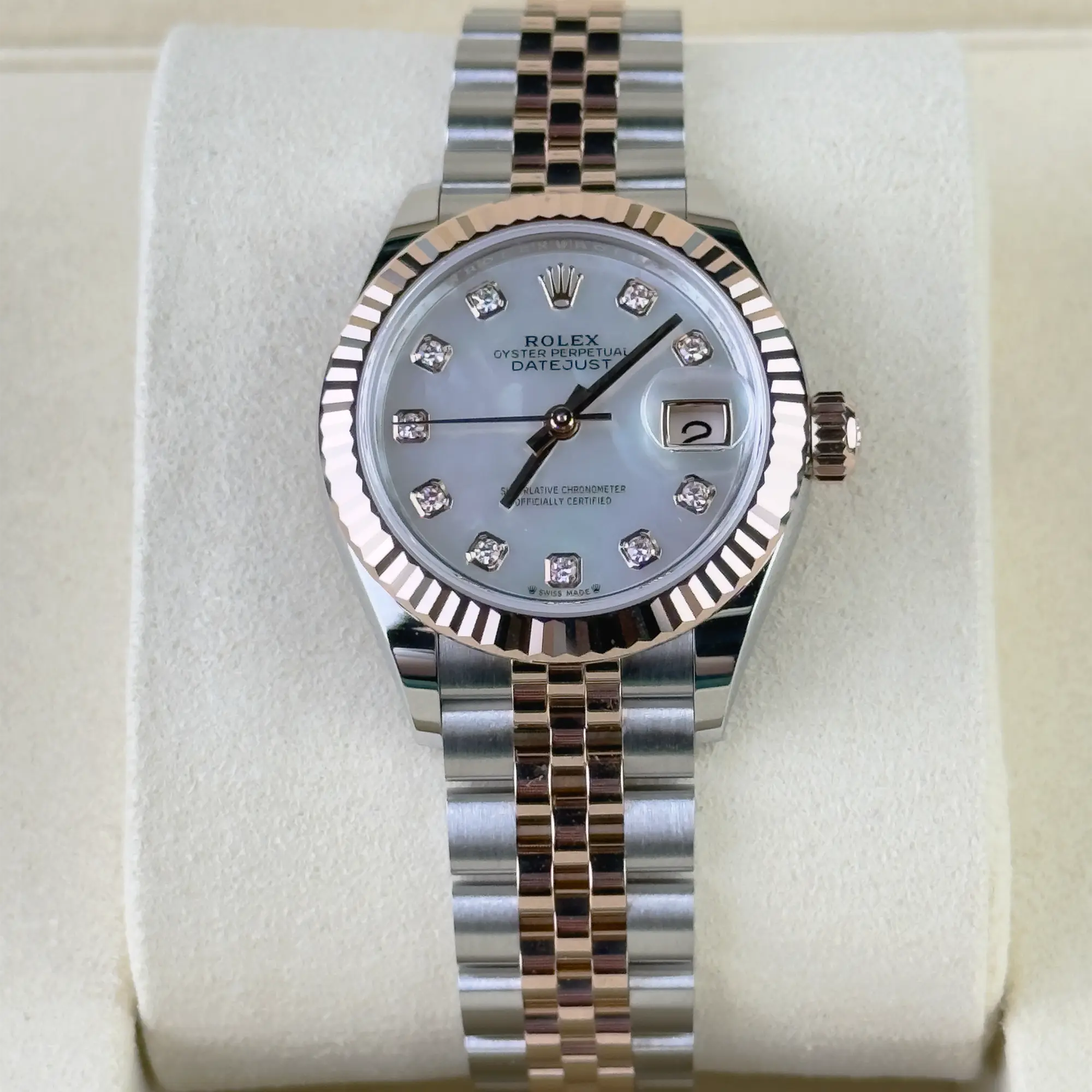 Rolex Lady Datejust 28 Mother of Pearl Diamond Oystersteel Rose Gold Jubilee 279171 - Front