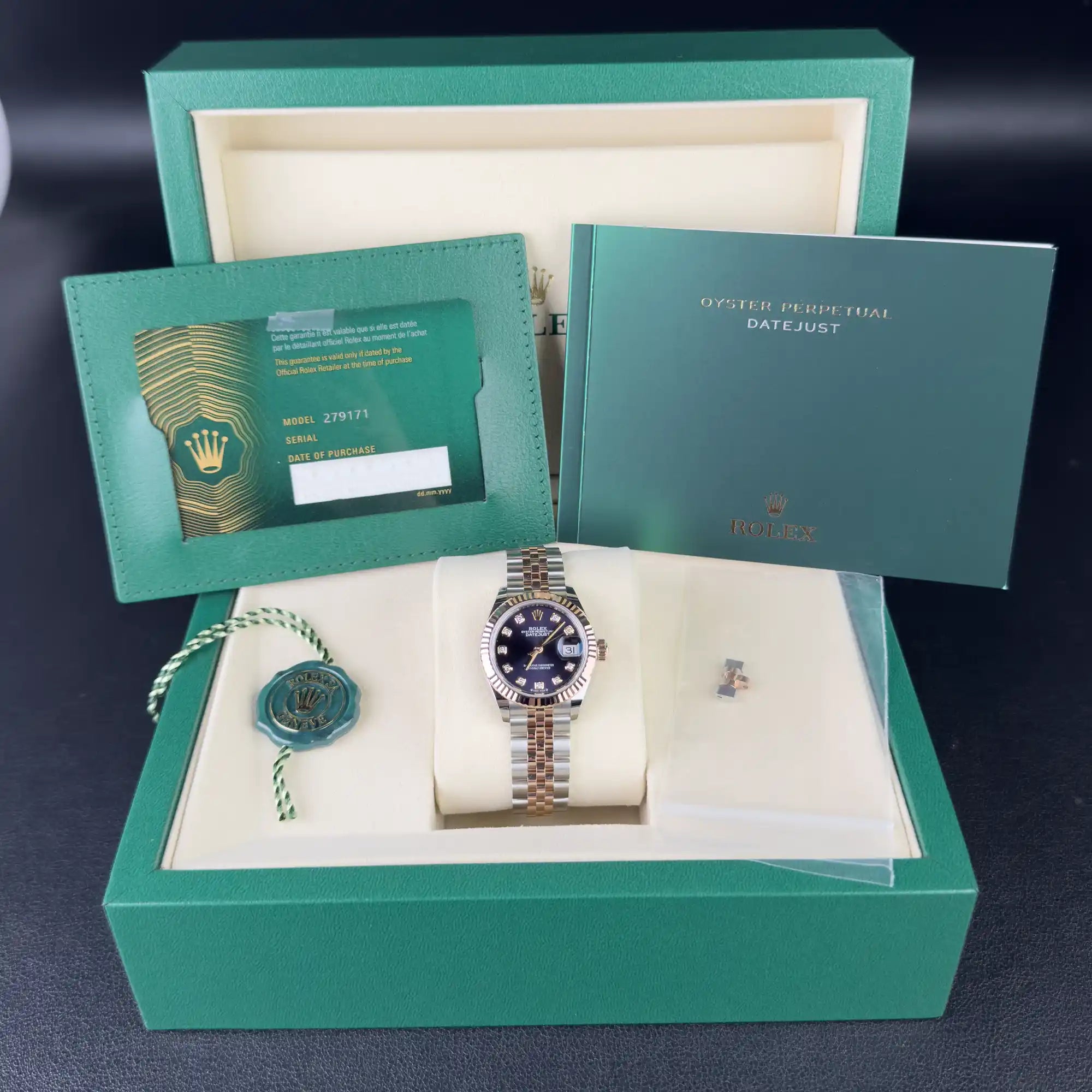 Rolex Lady Datejust 28 Purple Diamond Oystersteel Rose Gold Jubilee 279171 - Full set