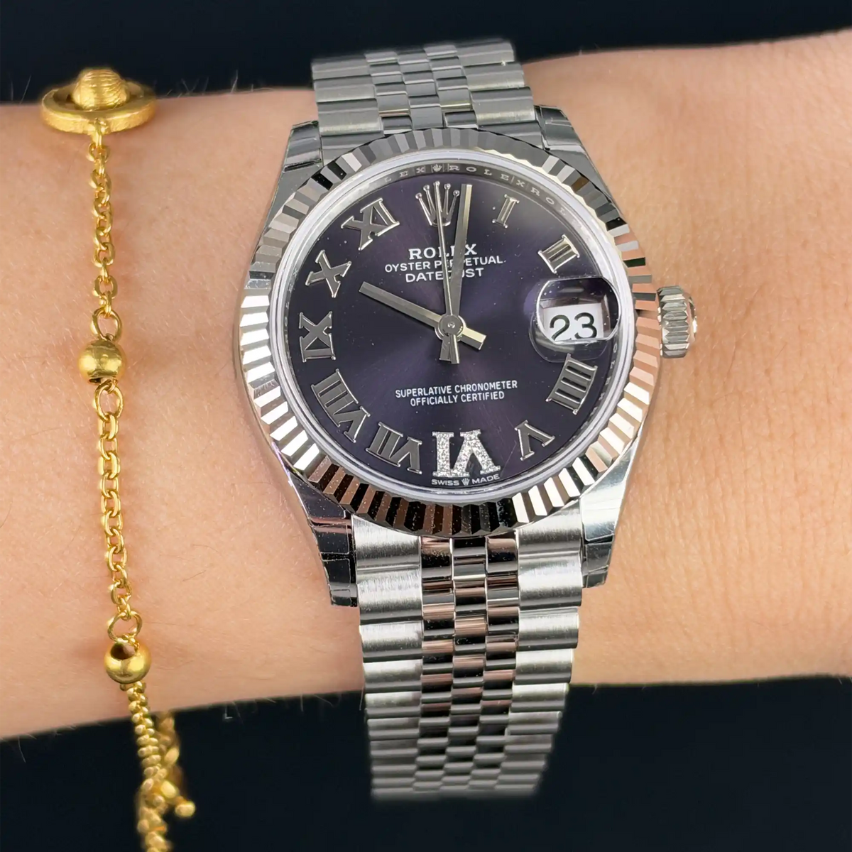 Rolex Lady Datejust 31 Aubergine Purple Roman Diamond Oystersteel White Gold Jubilee 278274 - Wrist