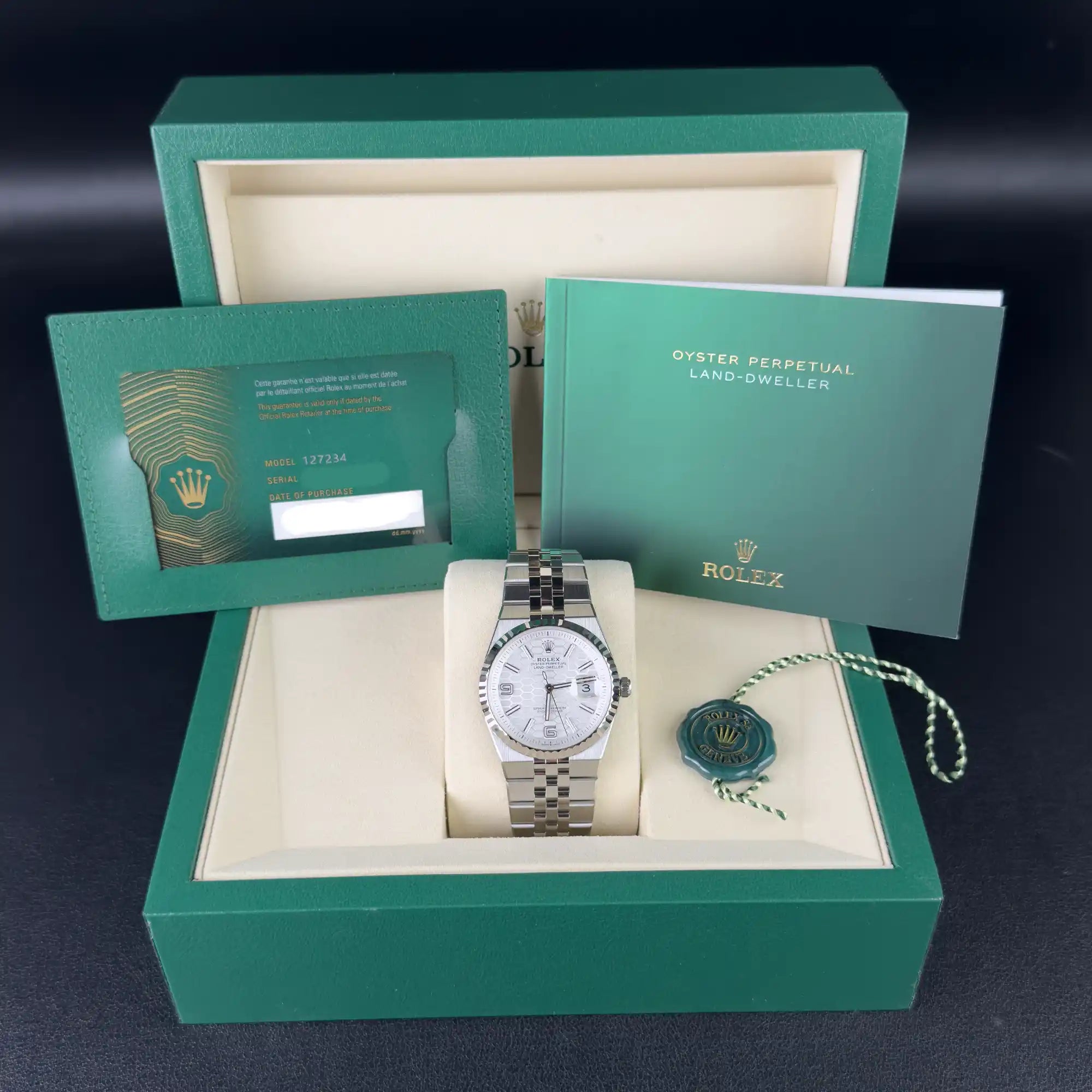 Rolex Land Dweller 36 Oystersteel White Gold White Dial Flat Jubilee 127234 - full set
