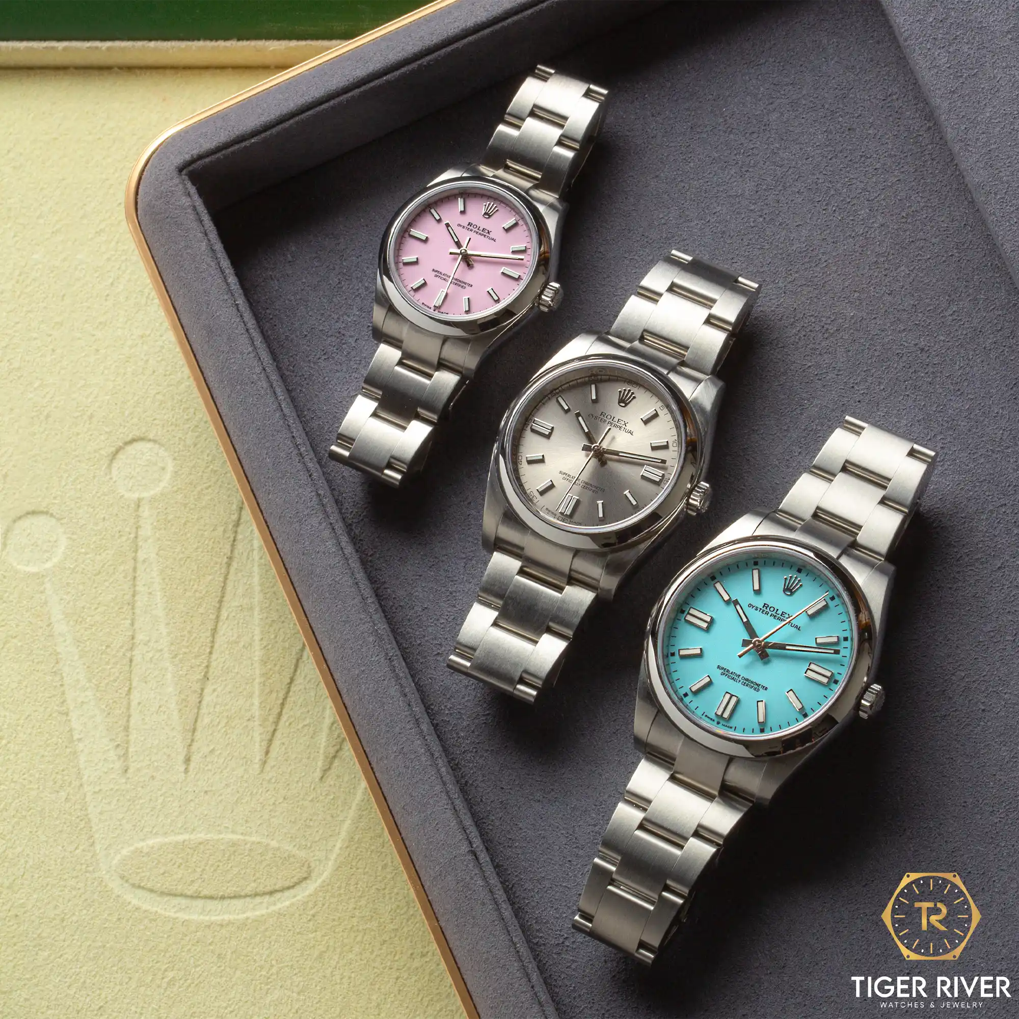 Rolex Oyster Perpetual Dial with Candy pink, silver, tiffany blue