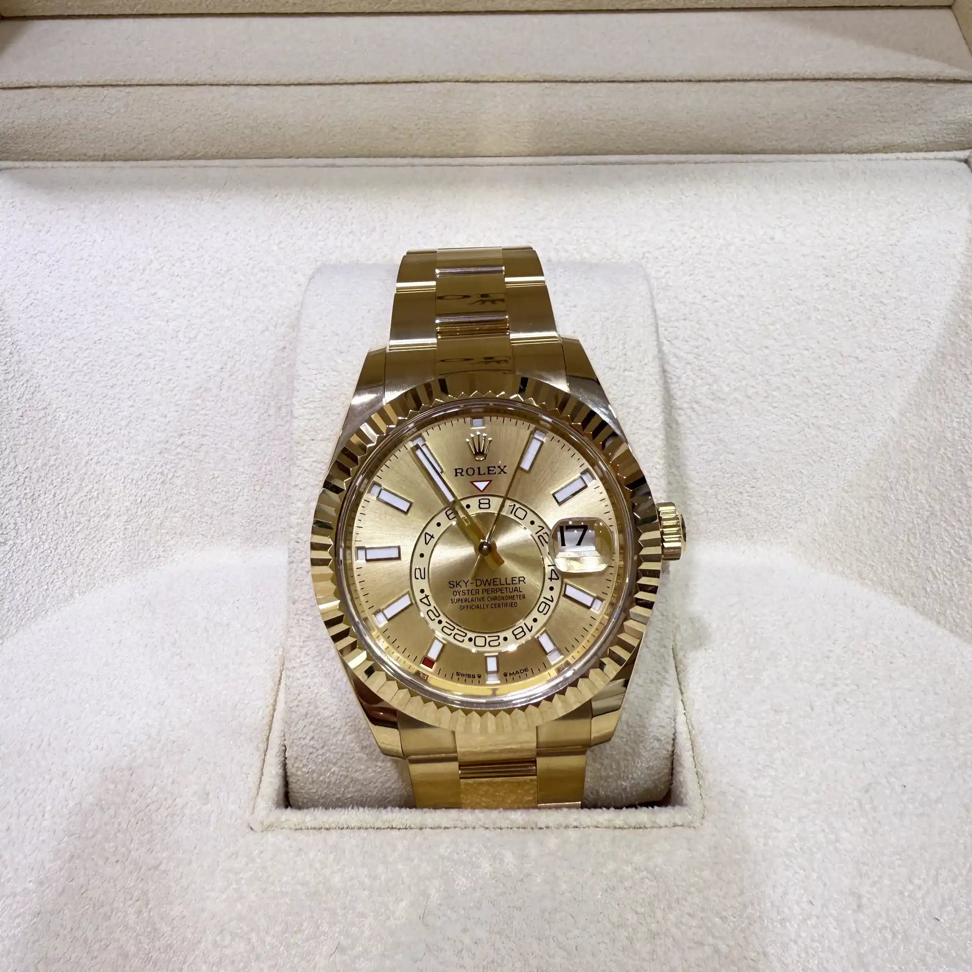 Rolex Sky Dweller Champagne Dial Yellow Gold Oyster 336938 Life Picture Front