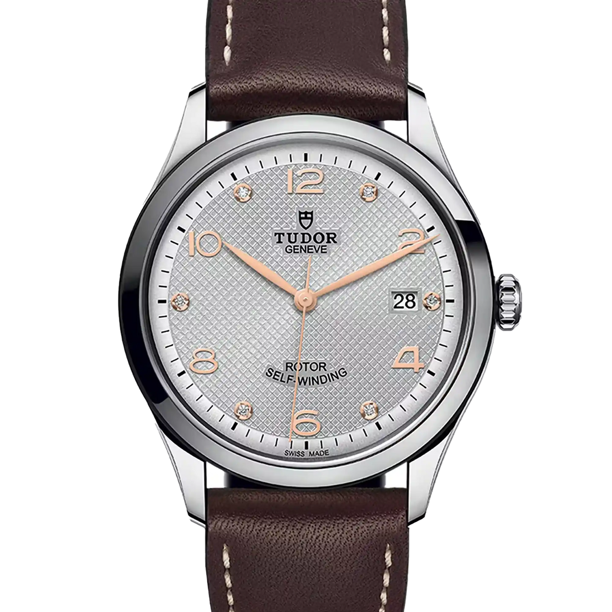 Tudor 1926 Silver Dial 6 Diamonds 39mm Brown Leather Strap Steel 91550-0007