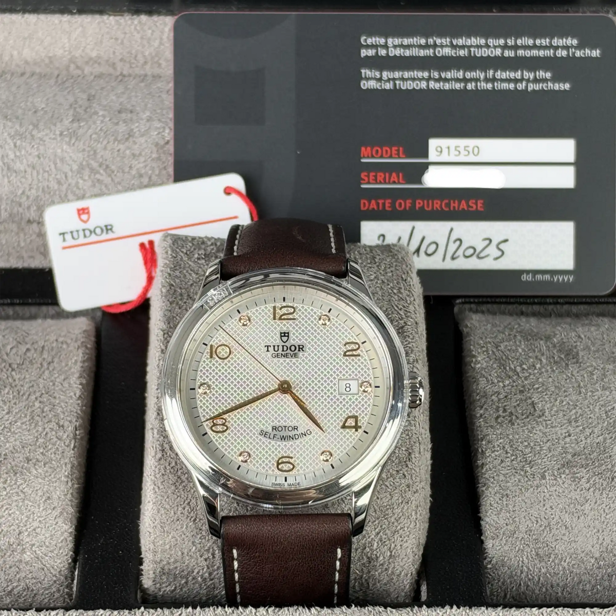 Tudor 1926 Silver Dial 6 Diamonds 39mm Brown Leather Strap Steel 91550-0007 - Full set