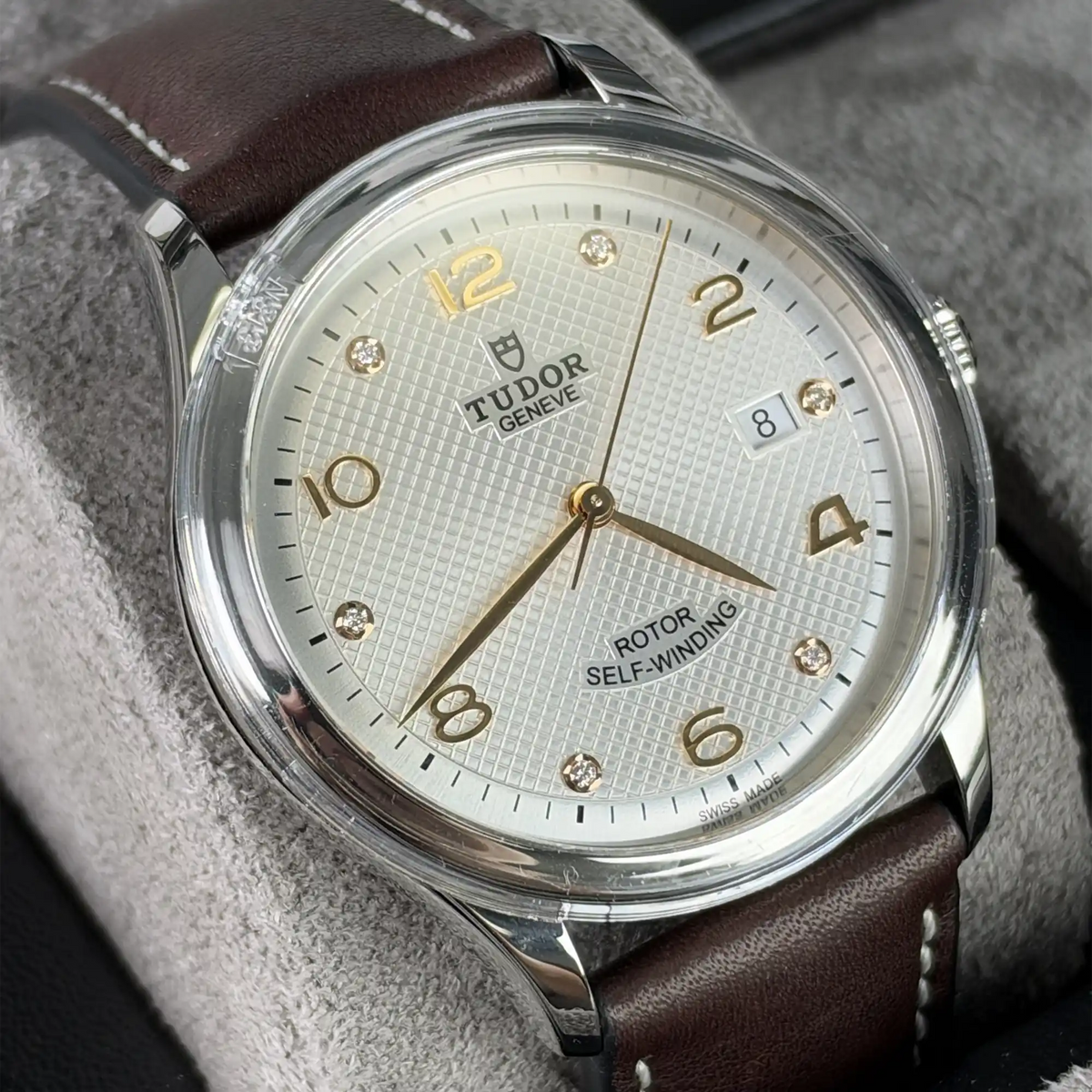 Tudor 1926 Silver Dial 6 Diamonds 39mm Brown Leather Strap Steel 91550-0007 - Left