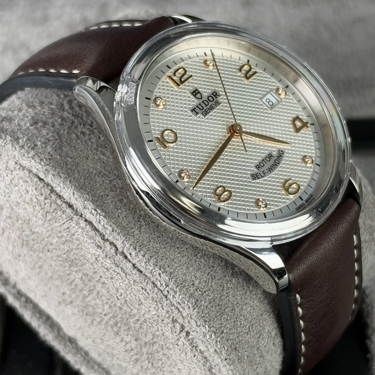Tudor 1926 Silver Dial 6 Diamonds 39mm Brown Leather Strap Steel 91550-0007 - Side 1