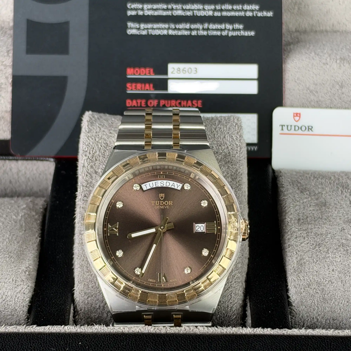 Tudor Royal 41mm Chocolate Brown Dial Day-Date Diamond Dial Steel Yellow Gold 28603-0008 - Full set