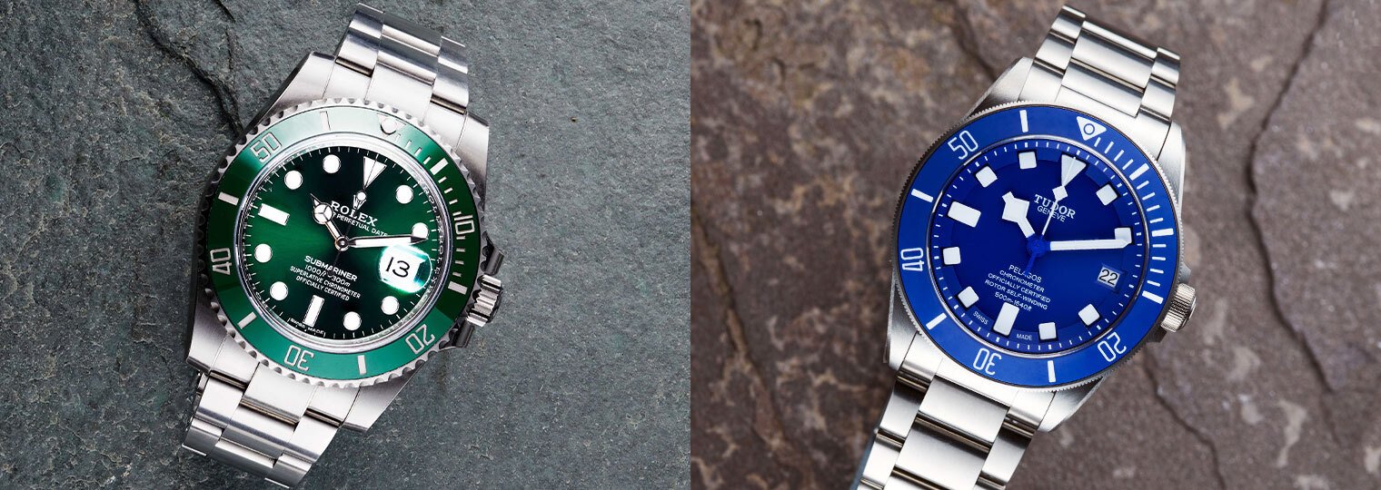 Rolex Submariner with green dial and bezel and Tudor Pelagos with blue bezel and blue dial 