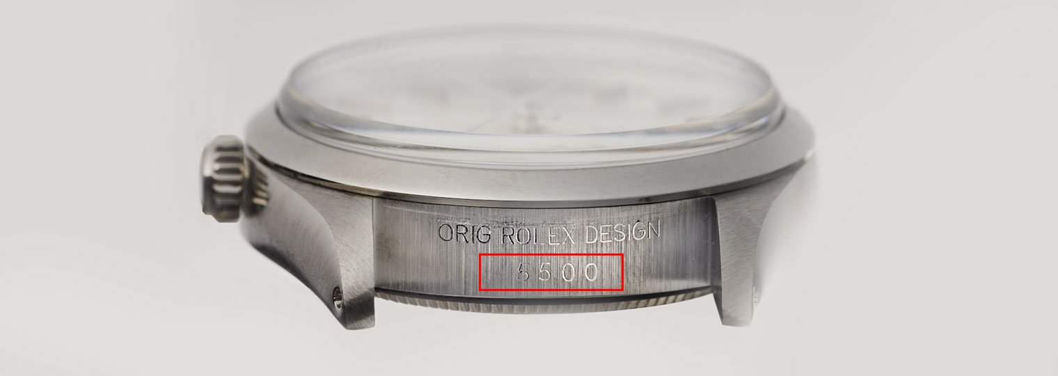 Rolex Reference Number engraved between the lugs right above the 12 o'clock location on the side of the case.