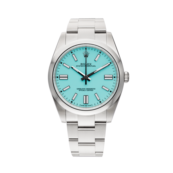 Rolex Oyster Perpetual 41 Ref. 124300 Turquoise Blue Dial Color Watch Front View