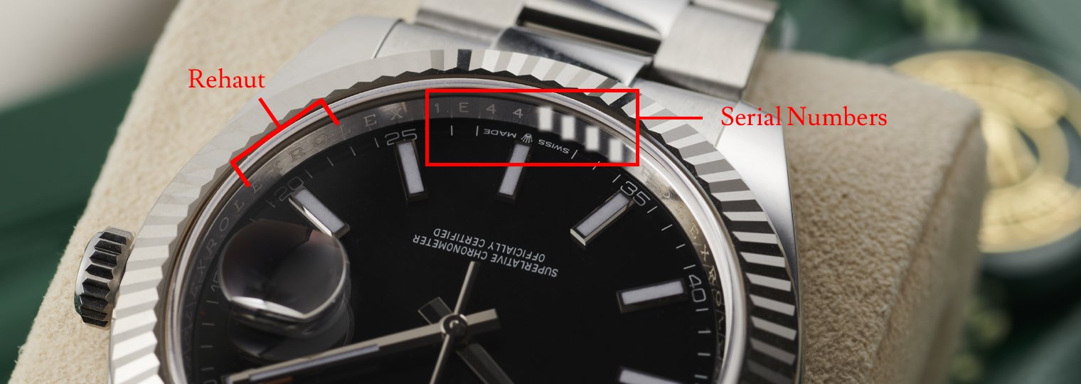 The serial number etched on the rehaut on the 6 o’clock side of a Rolex watch. 