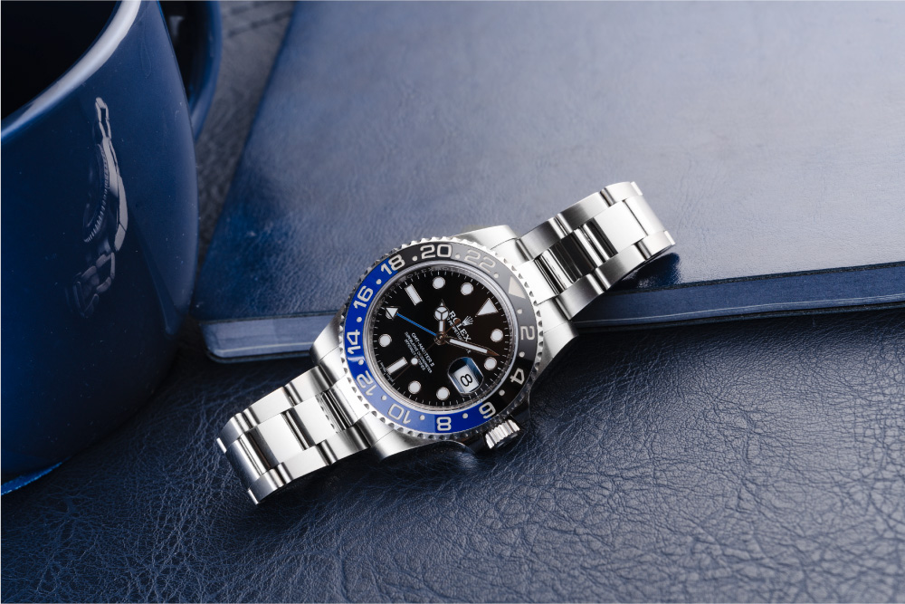 The Rolex Batman GMT-Master II with a black and blue bezel