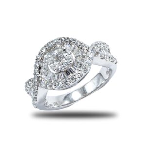 18k White Gold Baguette Marquis and Round Cut Diamond Ring