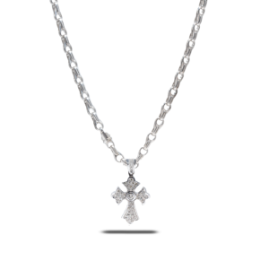 14k White Gold Cross Diamond Pendant and Link Chain