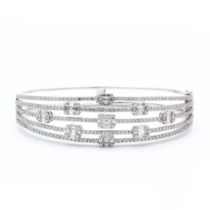 18k White Gold Baguette and Round Diamond Bangle