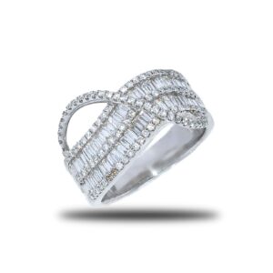 18k White Gold Double Row Baguette and Round Diamond Ring