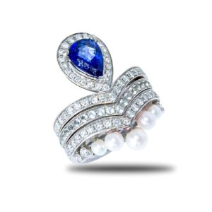 18k white gold 2.01ct blue sapphire diamond & pearl tri ring set